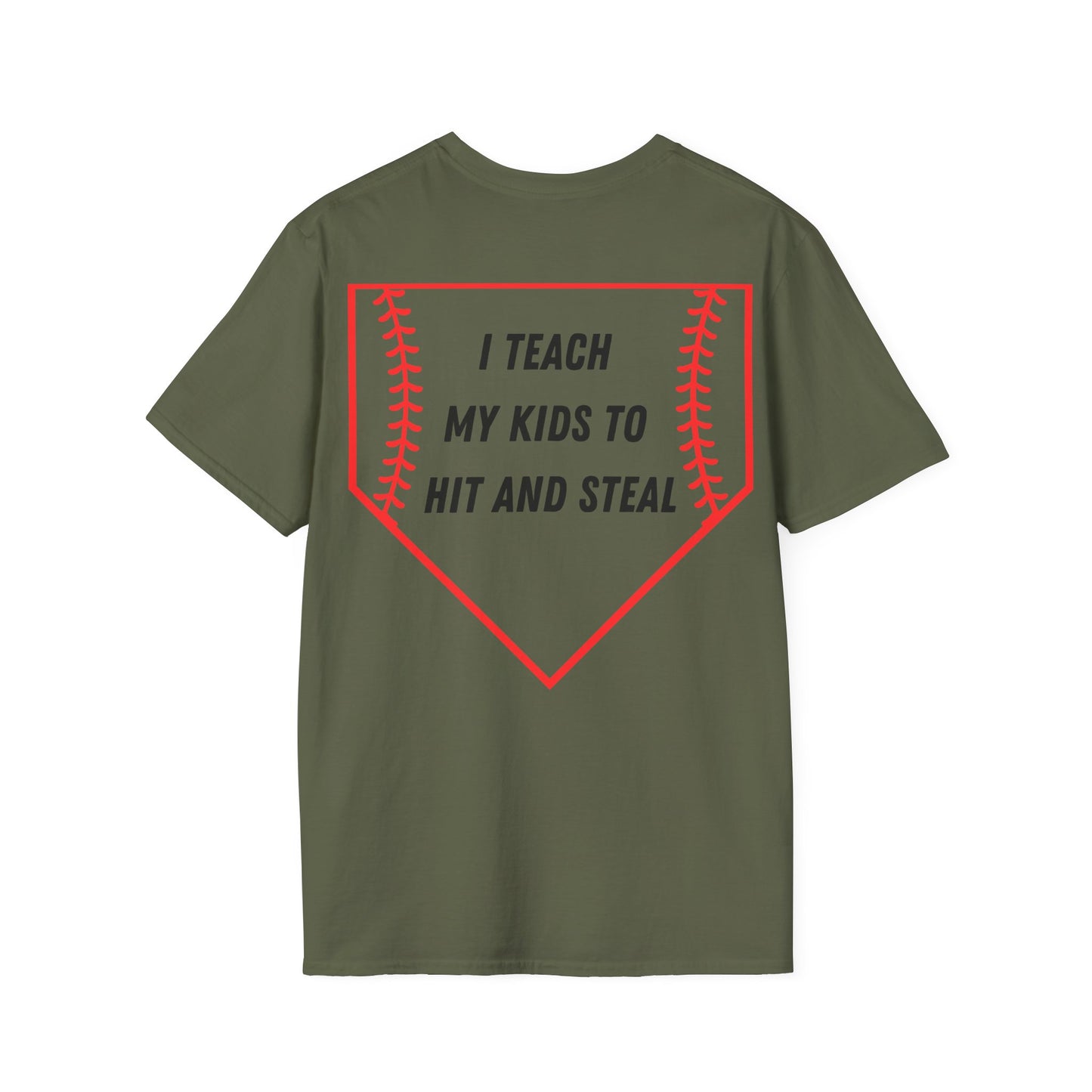 I Teach My Kids To Hit And Steal- Red/Black-Unisex Softstyle T-Shirt